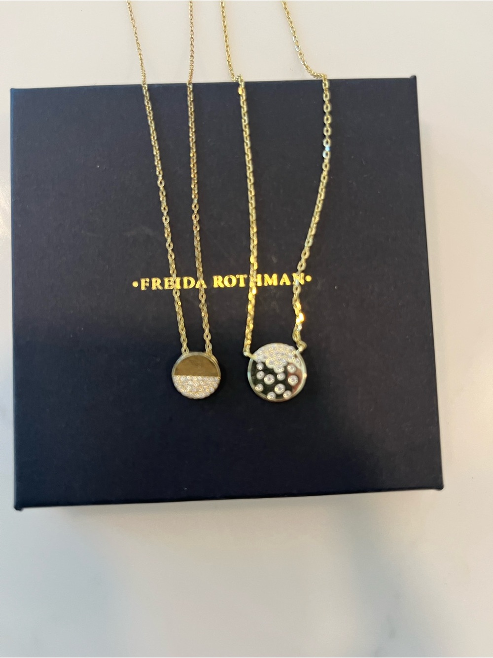 2 Freida Rothman Pave Pendant Necklaces- Sterling and Gold plated